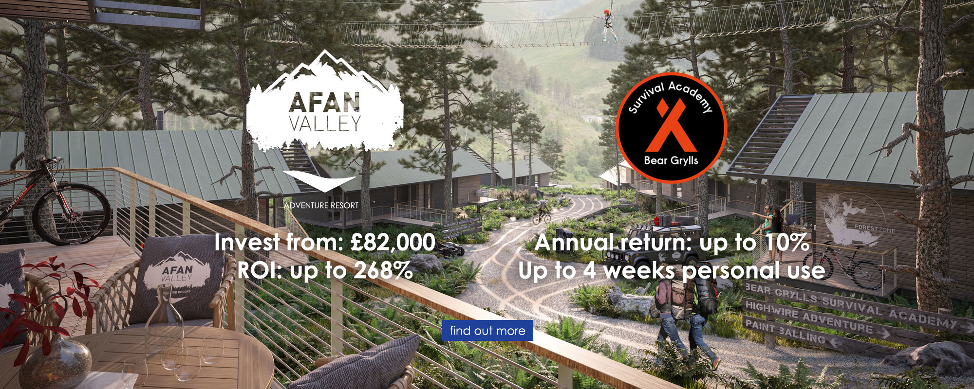 Afan Valley Adventure Resort with Bear Grylls Survival Academy - Invest from £82,000, Annual return up to 10%, ROI up to 268%, Up to 4 weeks personal use - Find out more